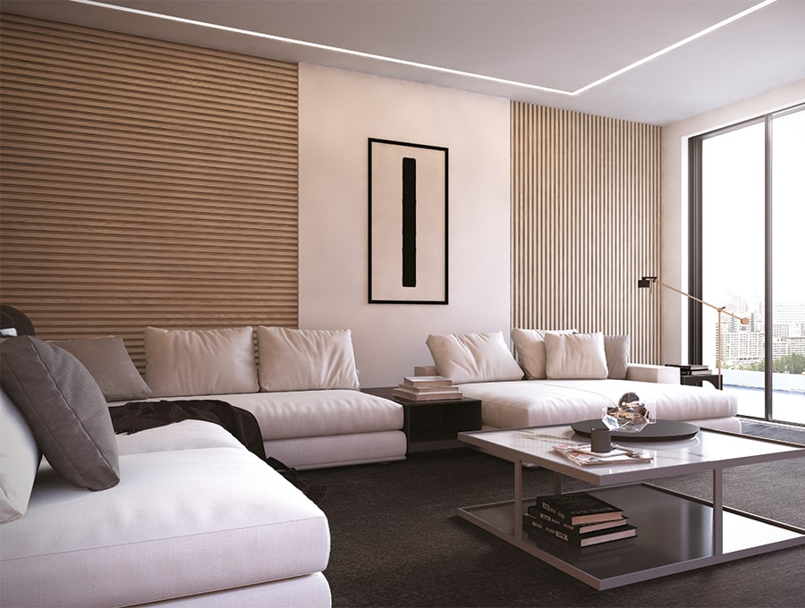 Living Room with BATTENS LIGHT Aluminium Bar Cladding